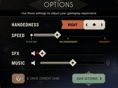 Game Settings archaic art deco bebas caviar dreams dark delvers mark droid sans game ios iphone options settings ui