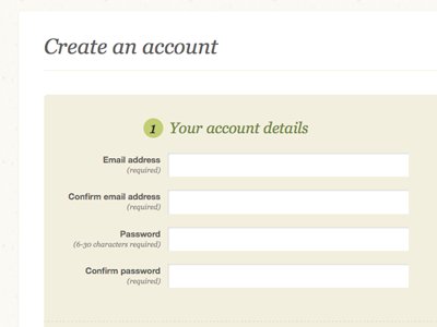 Create An Account beige form georgia green grey helvetica register sign up ui white