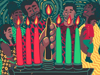 Kwanzaa lights african american baby black brother candles christmas cloth editorial family father grandmother holidays illustration kente kinara kwanzaa mother patterns sister