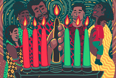 Kwanzaa lights african american baby black brother candles christmas cloth editorial family father grandmother holidays illustration kente kinara kwanzaa mother patterns sister