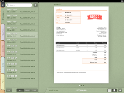 Preview mode (landscape) invoice ios ipad pdf