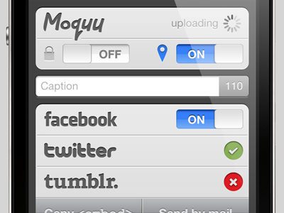 Moquu | Share closeup cross embed facebook iphone login moquu share signup tick tumblr twitter ui