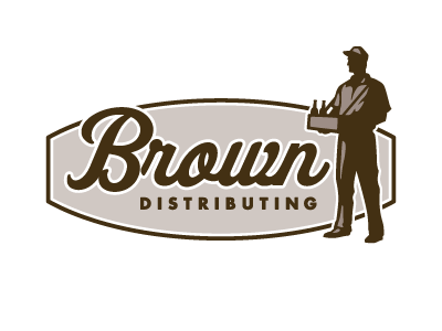 Brown Distributing logo concept beer beverages bottles brown cold crest deliver distributing distributor enclosure figure human illustration illustrative logo man retro script soda transportation