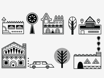 Neighborhood car cute design drawing grayscale home houses illustration tree