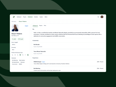 Volunteer Profile bio cards chips dates design green product design profile ui ux volunteer