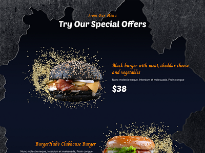 Special Menu Section Design – BurgerHub’s Flavorful Highlights burgerhub burgerrestaurant darktheme digitaldesign figma figmadesign foodwebsite graphic design menudesign restaurantwebsite specialmenu ui uiuxdesign webdesign websiteinspiration