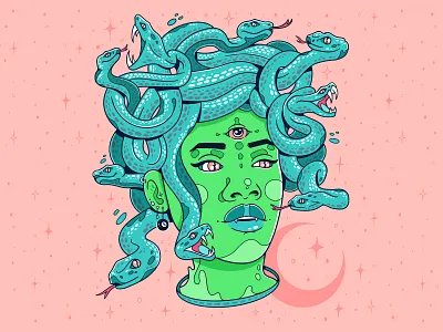 Year of the Snake 50s pink palette calendar colorful illustration hand drawn illustration lunar calendar medusa medusa illustration open snake mouth pink and green procreate drawing snakes snake illustration snakes snakes on head