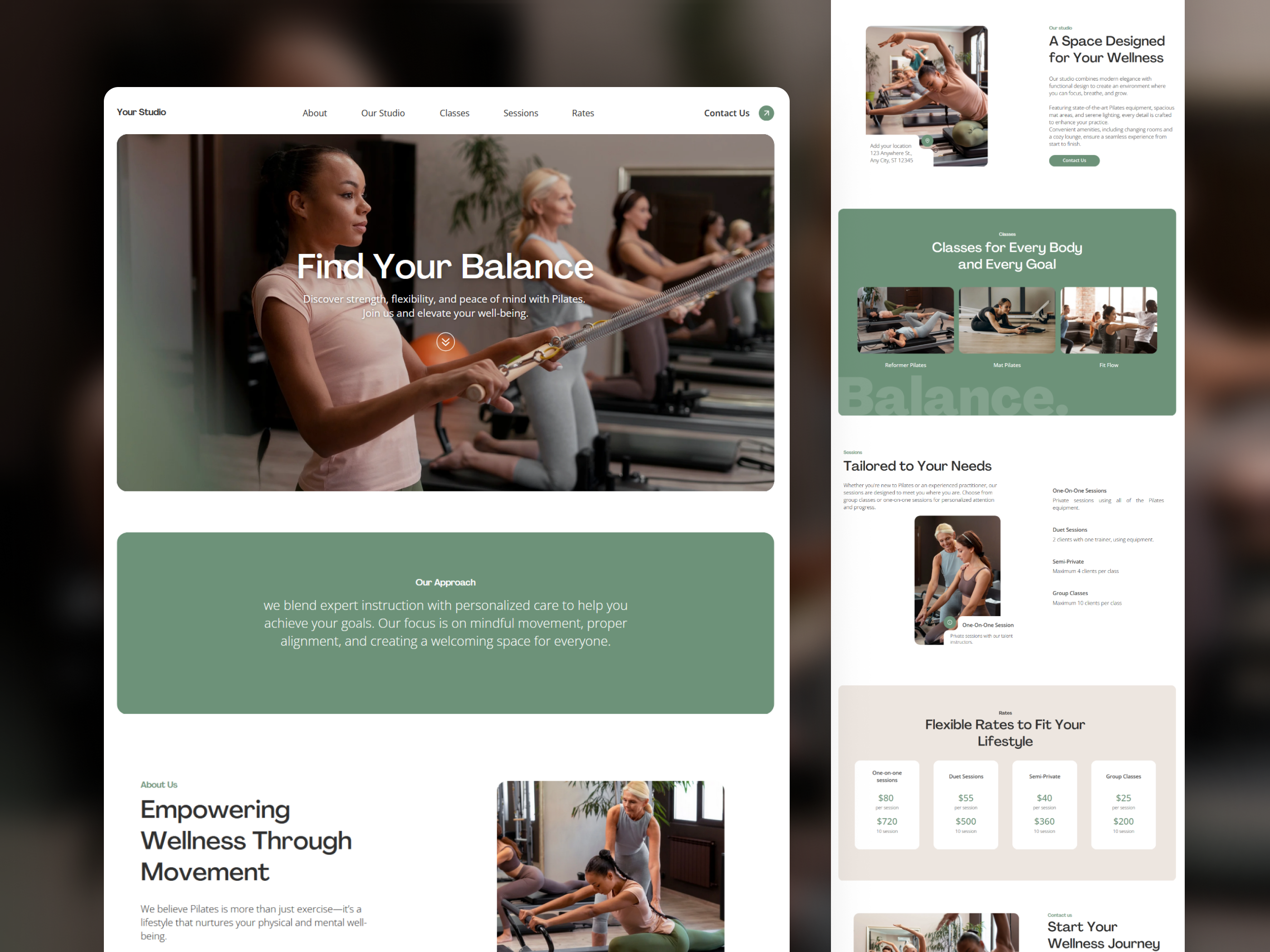 Visual moderno de landing page para studio de pilates