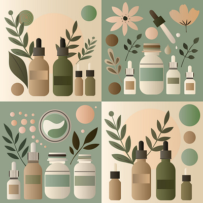 A set of 4 illustrations of beauty products for care in natural app branding design graphic design illustration logo typography ui ux vector