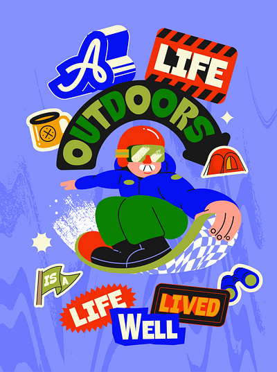 A LIFE OUTDOORS IS A LIFE WELL LIVED. branding character design graphic design graphicdesign illustration man people snowboarding wintersports