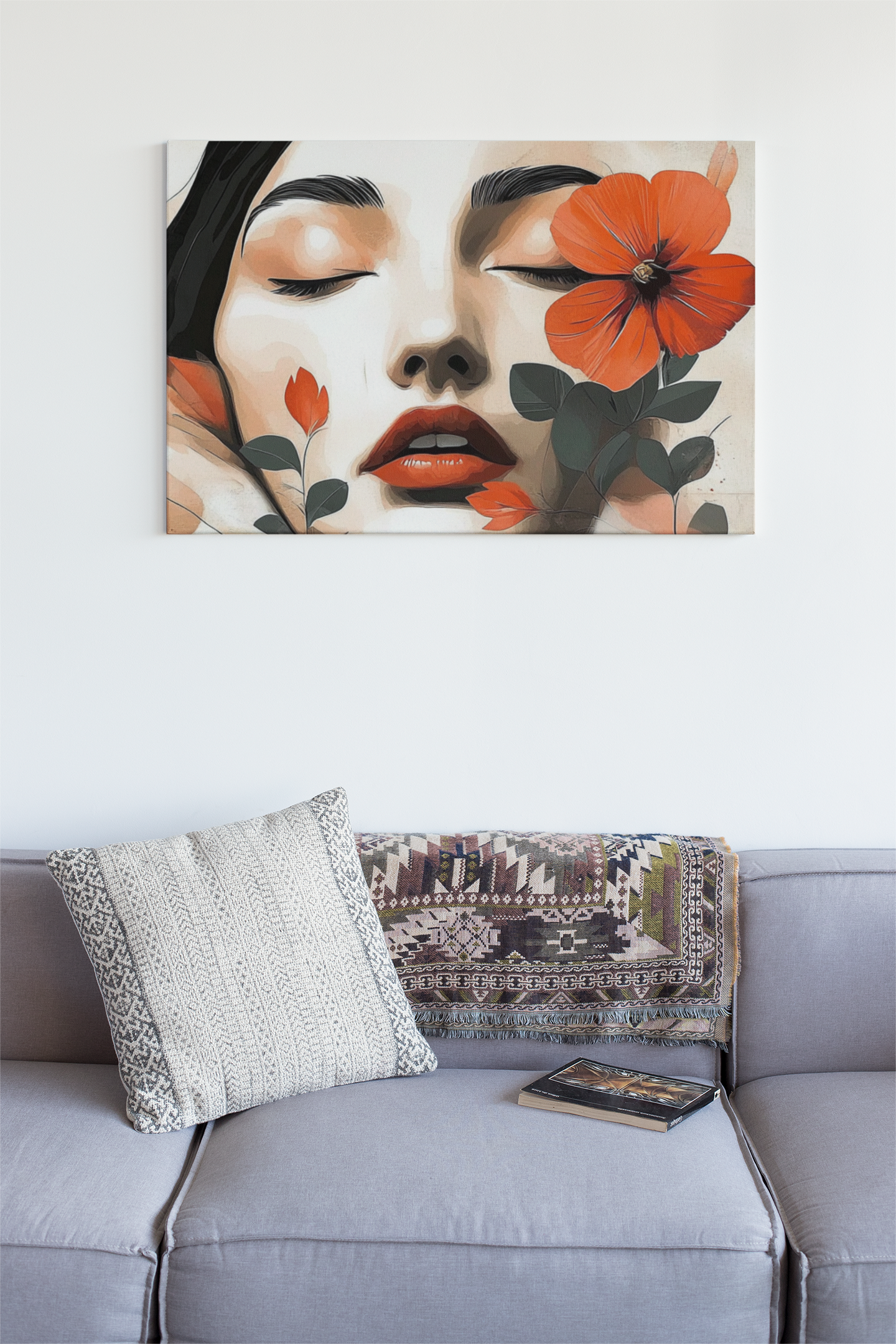 Modern wall art, abstract woman's face, red flowers on her face canvas print icondaddy living room mockup background. oil painting svgdaddy wall art canvas wall art decor wall art decor oil painting wall art oil painted canvas wall art oil painting