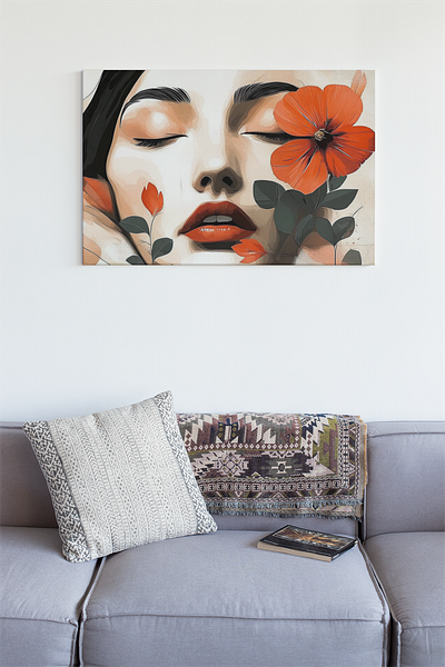 Modern wall art, abstract woman's face, red flowers on her face canvas print icondaddy living room mockup background. oil painting wall art canvas wall art decor wall art decor oil painting wall art oil painted canvas wall art oil painting