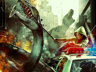 Unexpected Guests action composite digital dinosaur explosion illustration manipulation photo manipulation photoshop police