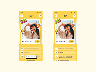 AMP App. Comments page. app photo rate rating social ui yellow