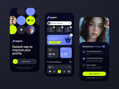 Pygmalion — the mobile AI assistant for Instagram ai ai assistant dark mode dashboard instagram interface design mobile mobile app onboarding paywall product design social media ui ux visual design