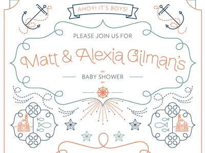Baby Shower Invite anchor beach blue nautical ocean orange stars wheel