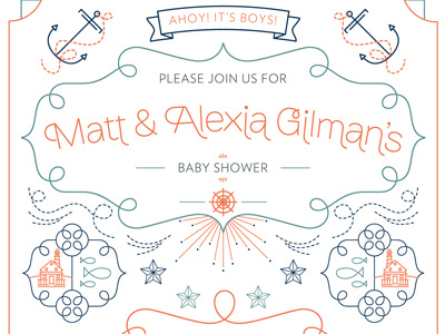 Baby Shower Invite anchor beach blue nautical ocean orange stars wheel