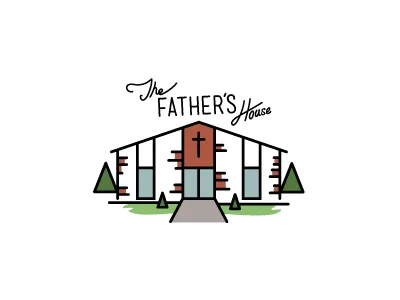 The Father's House brick building church cross door illustration lost type mensch religious script tree