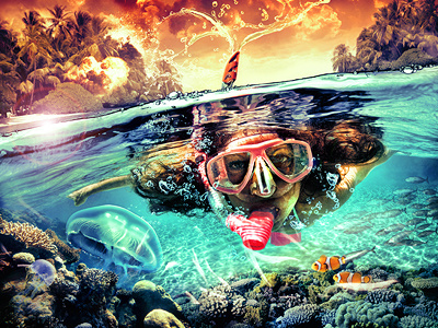 Escape from the island composite digital manipulation diver explosion female fx illustration photo manipulation photoshop splitscreen underwater