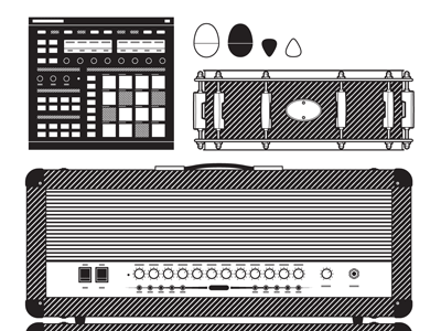 Mystery Project 12.1 amp amplifier dan kuhlken dkng drum machine egg shaker guitar pick instruments nathan goldman poster snare drum vector