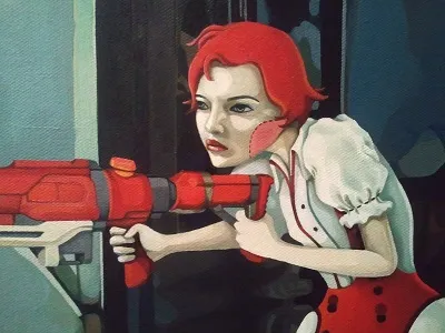 Little Red Soldier art canvas costume doll female girl gun illustrative military oil painting red soldier toy woman