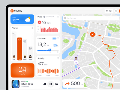 Smart Bike HMI Dashboard adidas bike dashboard distance kcal light map music navigator nike pulse run speedometr sport white widget