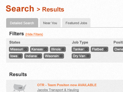 Pavement Pounders Job Search Result with Filters clean filtering filters interface job search job site map results simple subtle texture tag tags texture ui design user interface web design