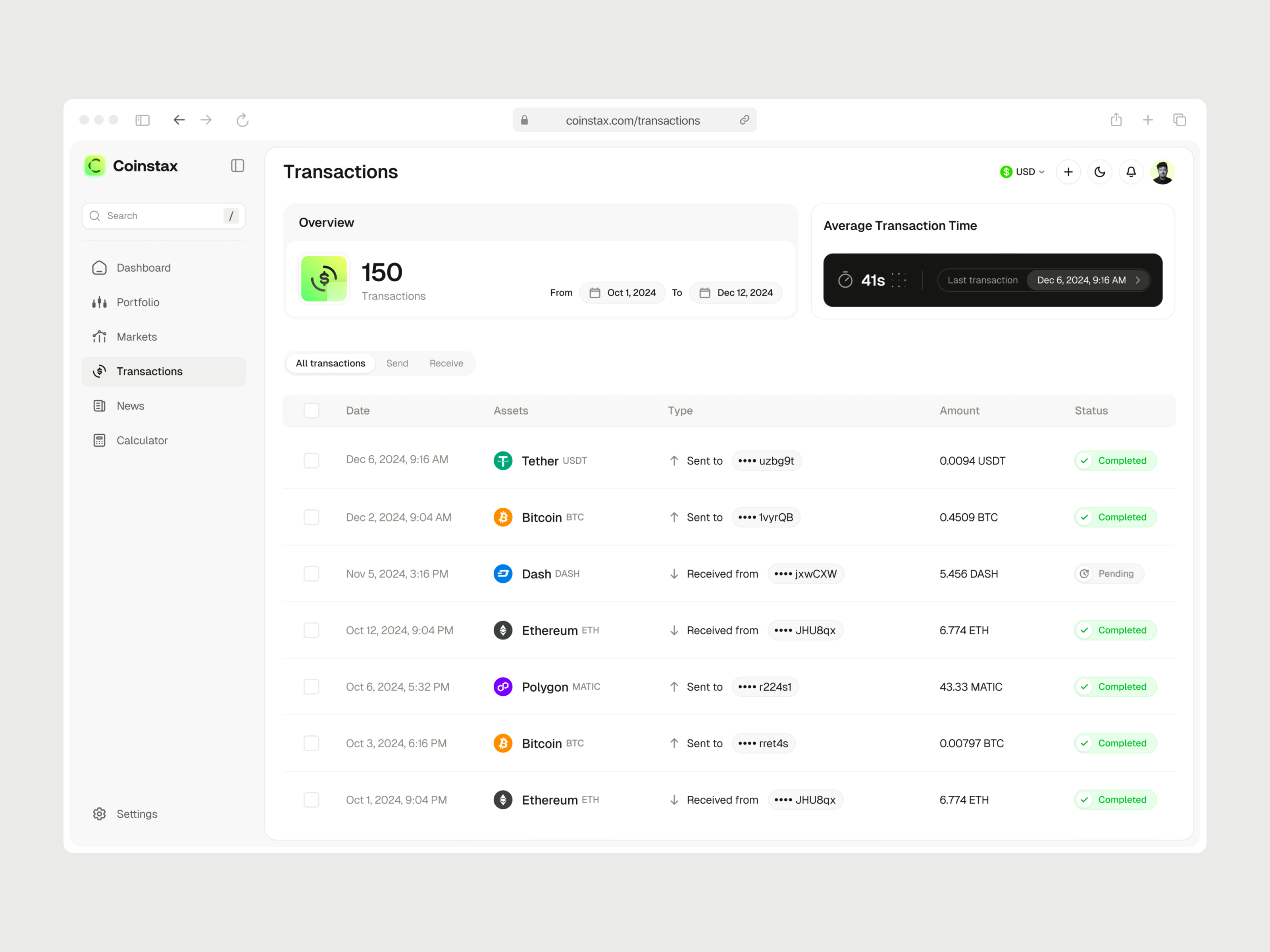 Coinstax: Crypto Transactions v2 bitcoin wallet blockchain dashboard clean coinstax crypto dashboard crypto market crypto transactions crypto web app dashboard overview minimal dashboard popular design send crypto table ui ui design user interface web3 web3 transactions