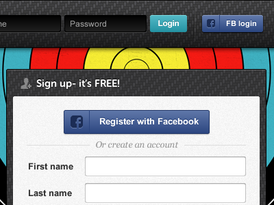 Sign up and login forms archery black blue carbon facebook login red sign signup texture up yellow