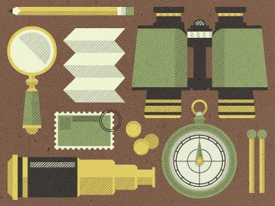 _73 binoculars coin compass discovery exploration glass illustration lens magnifying man map match pencil rose stamp telescope