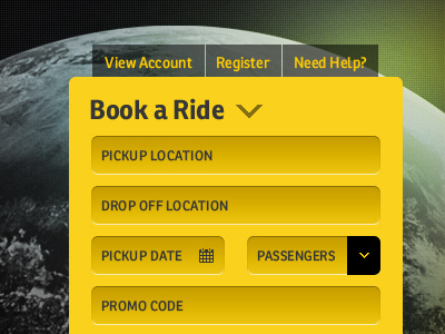 Book A Ride black button earth ui website yellow