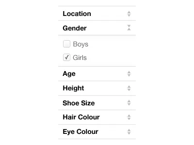 Result filter for a kid's modelling agency filter ui design user interface design website