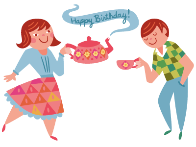 Happy Birthday birthday boy digital friends girl illustration lettering tea teapot vector