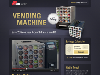 Landing page k cup machine purple vending video yellow