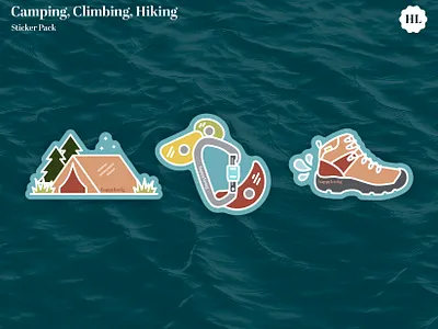 Camping, Climbing, Hiking Sticker Design camping carabiner climbing design hiking hiking boots illustration sticker sticker design stickers tent