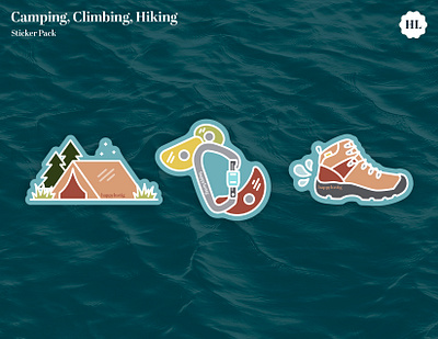 Camping, Climbing, Hiking Sticker Design camping carabiner climbing design hiking hiking boots illustration sticker sticker design stickers tent