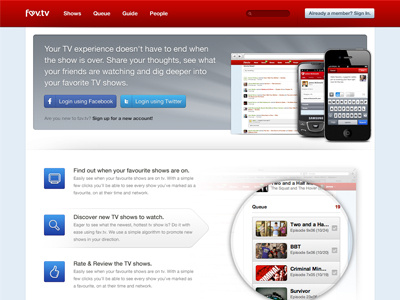 fav.tv: The *new* homepage. app appstore design designer fav.tv fun graphic design interface intern iphone iphone4 notifications red retina san francisco tweet twitter ui ui designer ux website