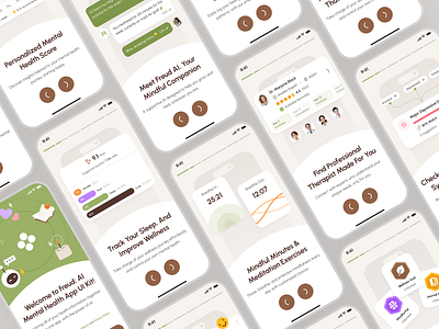 freud v2: AI Mental Health App - Welcome Screen Onboarding UI ai mental health app ai therapy app clean figma ui kit green journaling app meditation app mental health app mental health chatbot mental health companion mental health ui kit mindful assistant app mindfulness app minimal mobile app modern mood app mood tracker app self care app ui kit