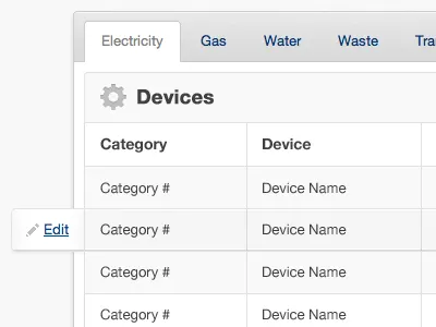 VGG UI carbon footprint category device edit hover tables tabs ui