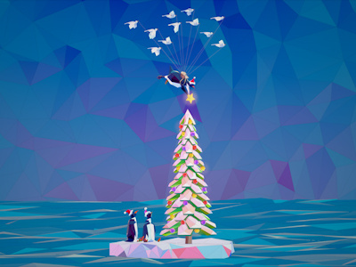 Flight 3d christmas illustration penguin tree