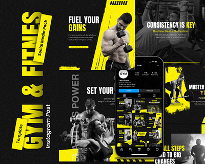 Gym & Fines Instagram Post feed instagram graphic design instagram post social media template yallow and black template