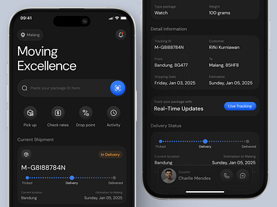 MoveMate - Seamless Deliveries, Elevated Tracking cargo clean courier dark dark theme delivery delivery app detail figma freight live tracking logistics mobile app mobile apps parcel product design shipment shipping shipping app tracking