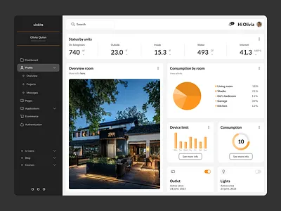 AI Powered Smart Home Dashboard ai powered dark dark design dashboard design home home automation house control living room pannel real estate security smart smart home smart home app smart home design smart house temperature web app web dashboard widgets