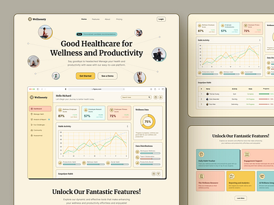 Wellnessty - Health & Well-being Website Homepage ai cartoony colorful dashboard employee fitness fun graph health hero home meditation mental health productivity self care ui ux website well being wellness