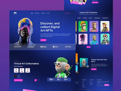 NFT Marketplace Website artcollectibles blockchaindesign cryptoart cryptodesign designshowcase digitalart futuristicdesign landingpage minimalui modernwebdesign nftcollection nftcommunity nftcreators nftdesign nftmarketplace responsivedesign uiinspiration uxuidesign webdesign webui