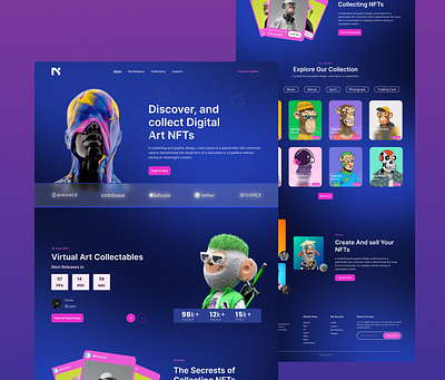 NFT Marketplace Website artcollectibles blockchaindesign cryptoart cryptodesign designshowcase digitalart futuristicdesign landingpage minimalui modernwebdesign nftcollection nftcommunity nftcreators nftdesign nftmarketplace responsivedesign uiinspiration uxuidesign webdesign webui