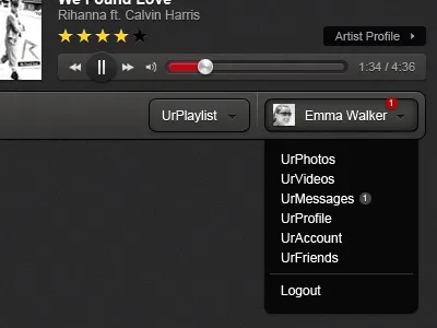 Header with drop down selections and music player black dropdown gray header music music player navigation red ui web design yellow