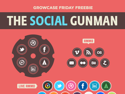 Growcase Friday Freebie: The Social Gunman (Icons & Concept) bang bang behance bill hicks blog deer hunter dribbble flickr forrst free freebie freebie .psd google growcase gun icons last fm linked in rss rss feed social icons social links twitter vimeo zerply