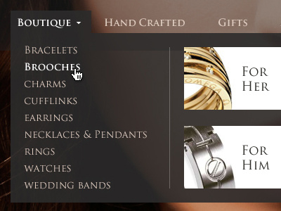 Elegant drop down menu ecommerce jewellery menu rings shop