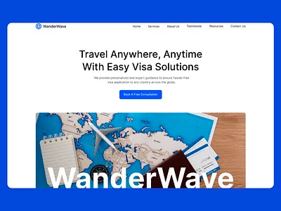 WanderWave: Website Seamless Visa Solutions blue clean ui expert guidance global travel intuitive layout minimalistic design modern website professional design responsive interface seamless navigation service oriented platform travel agency website travel branding travel services ui design user friendly design ux design visa assistance web design web site